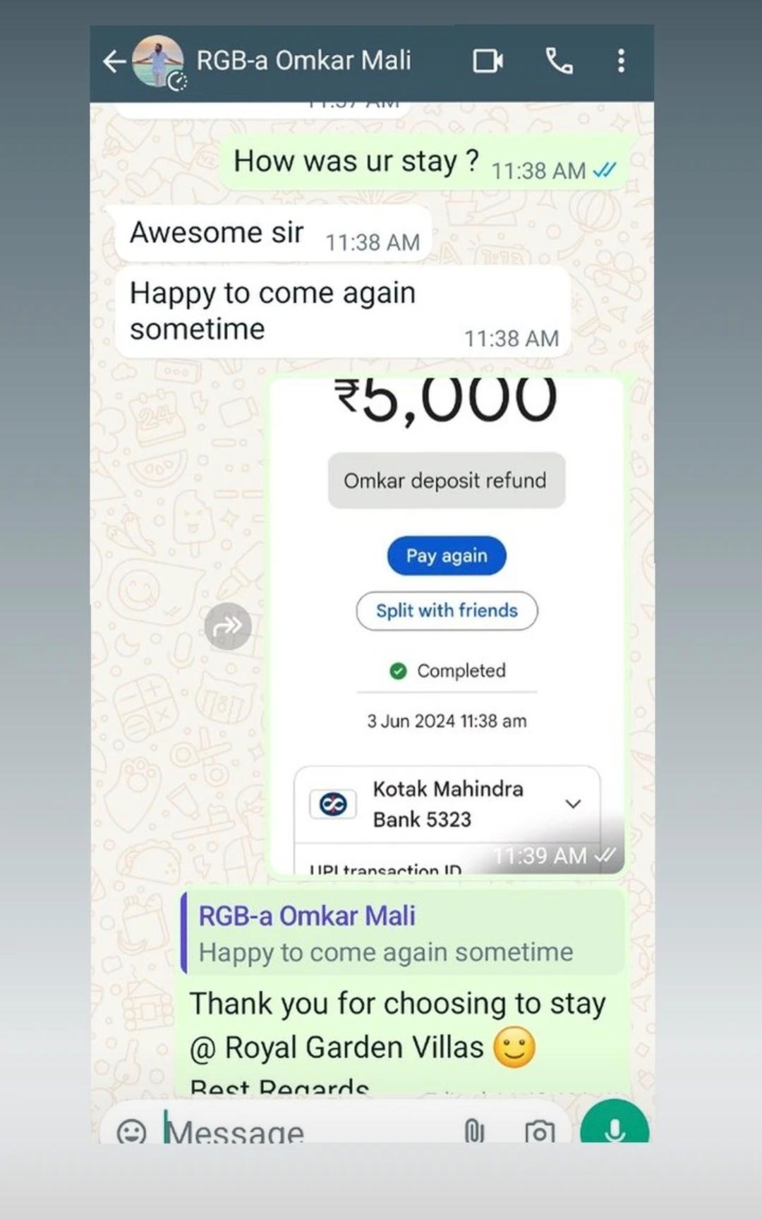 Royal Garden Villas guest WhatsApp review 3