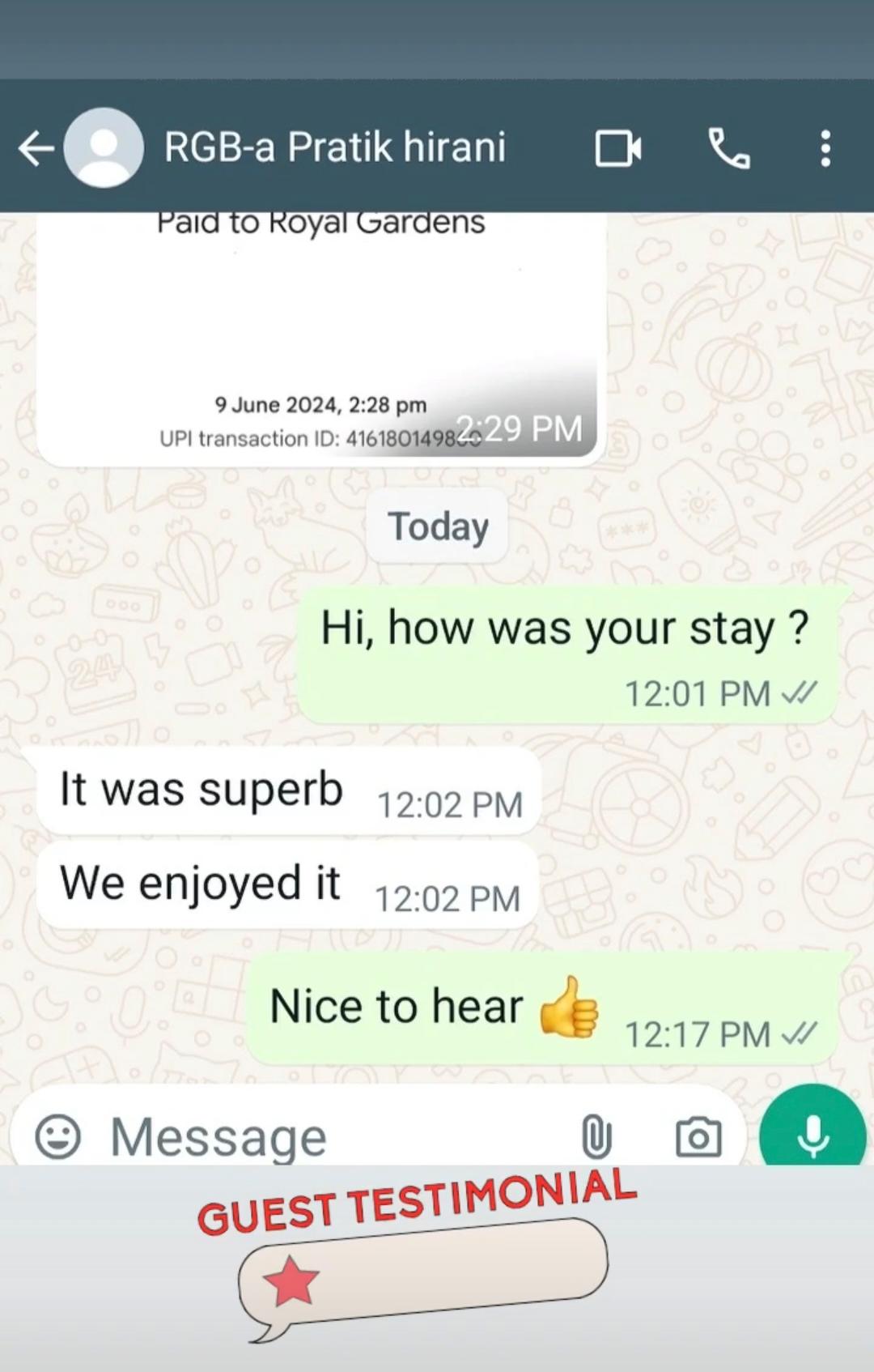 Royal Garden Villas guest WhatsApp review 4